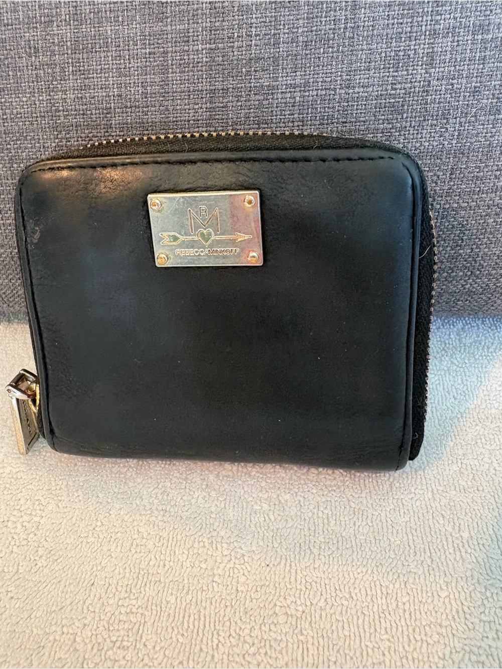 Rebecca Minkoff Black Leather Zip Around Wallet Gold Logo